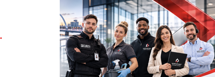 Northpoint Dynamic security, cleaning and business support staff outside a Glasgow commercial building