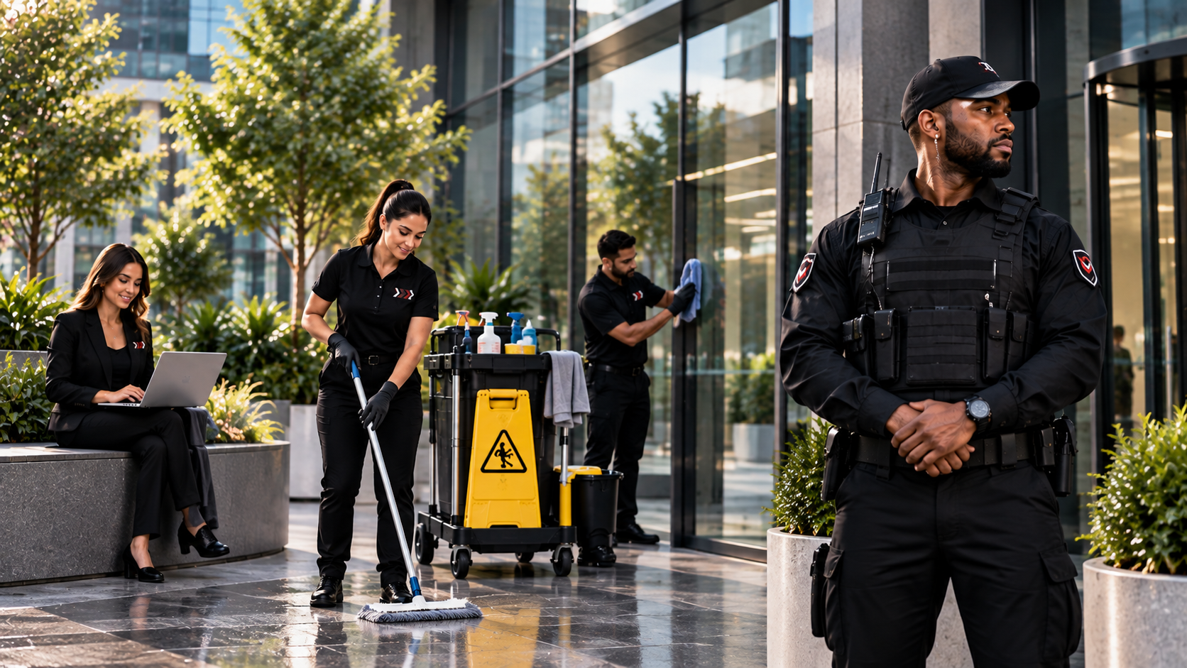 Northpoint Dynamic security guards, commercial cleaning and business support staff outside a Glasgow commercial building